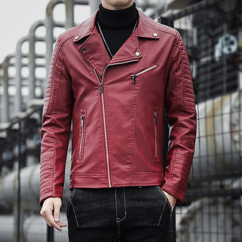 

2023 Men's Autumn Oblique Zipper Lapel Leather Jacket Youth Motorcycle PU Leather Handsome Casual Leather Jacket