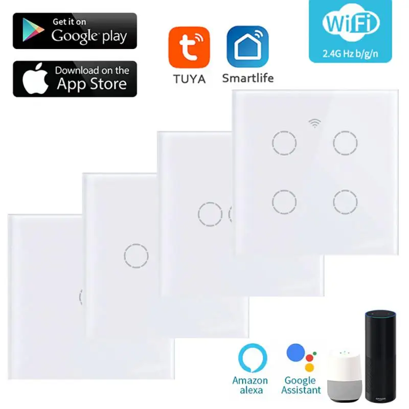 

Smart Home Tuya WiFi Wall Smart Switch AC 220V 4 Touch Screen Panel Touch Switch Tuya Smart Life APP Remote Voice Control