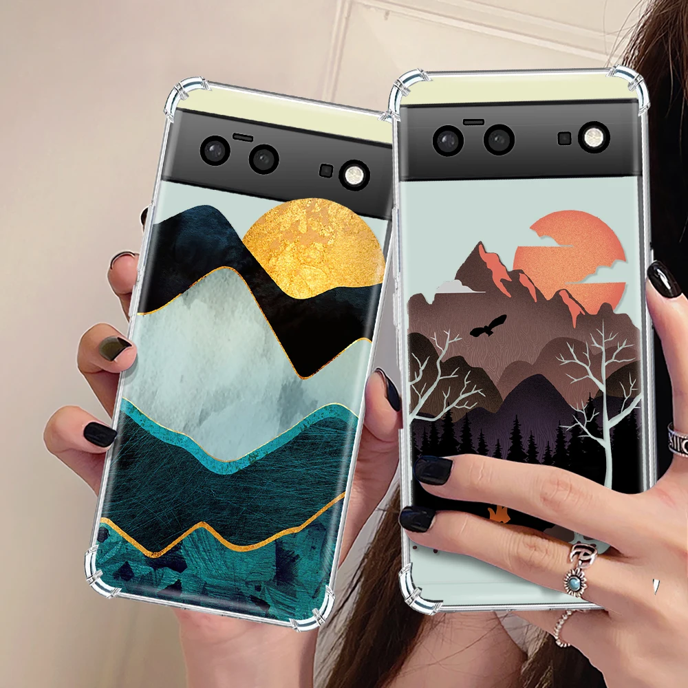 

Transparent Phone Case for Google Pixel 7a 7Pro 7 Shockproof Soft Silicone Cover for Pixel 6a 6 6Pro Mountain Illustration Coque