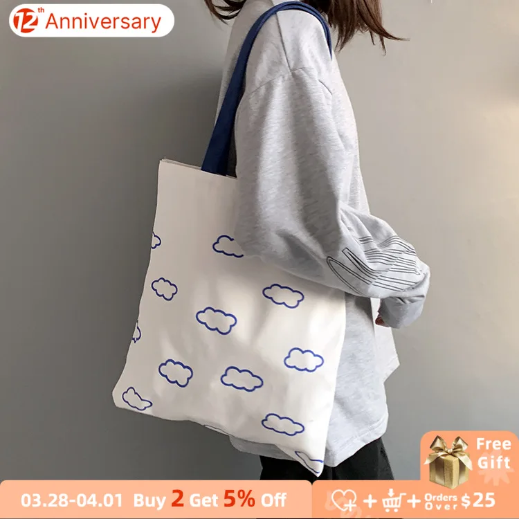 

Простая Женская Холщовая Сумка через плечо с облачным принтом, Экологически чистая многоразовая женская сумка-тоут для покупок, вместитель...