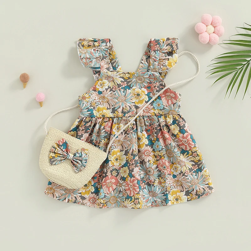 

Summer Toddler Baby Girls Casual Dress Floral Printed Fly Sleeve Backless Ruffled Dress Shoulder Bag Outfits