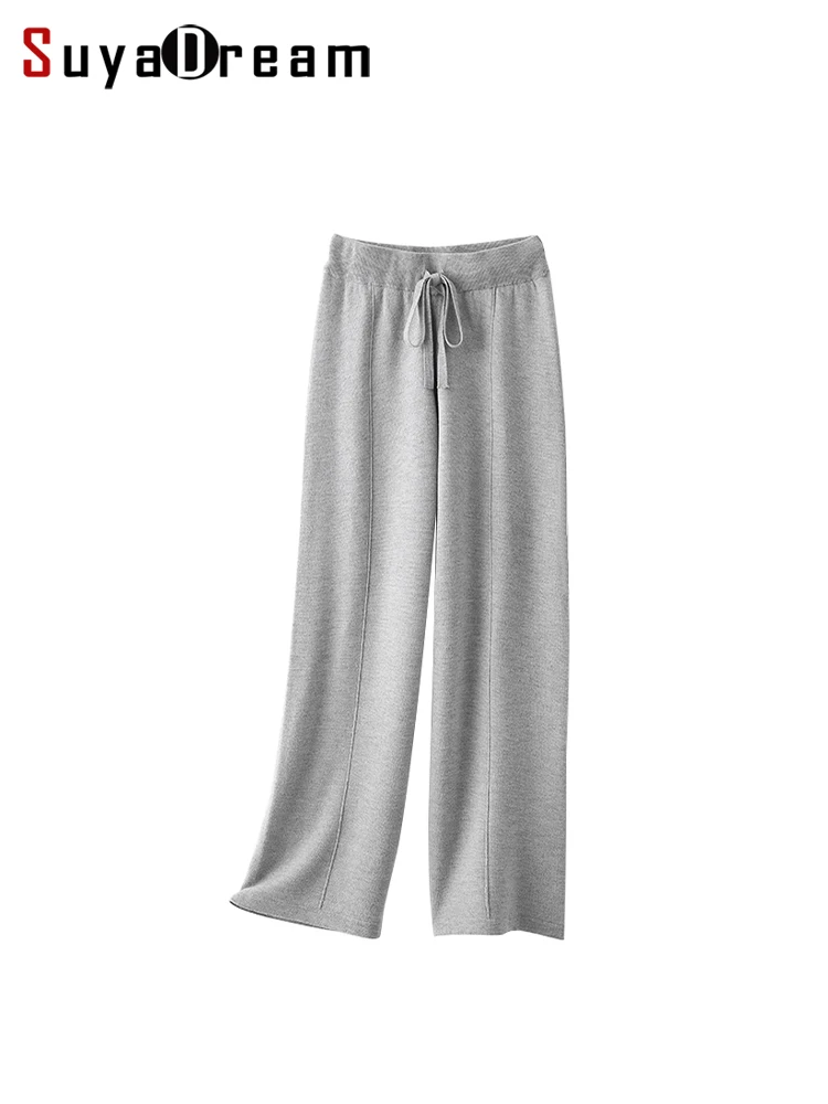 SuyaDream Winter Pants for Women 100%Wool Elastic Waist Straight Full Length Pants 2022 Autumn Winter Chic Trousers