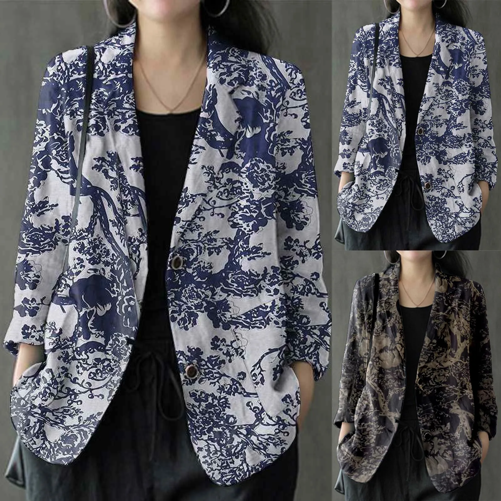 

Пиджак женский с принтом в стиле бохо, модный костюм с длинными рукавами и карманами, льняная верхняя одежда на пуговицах, пальто на молнии, ...