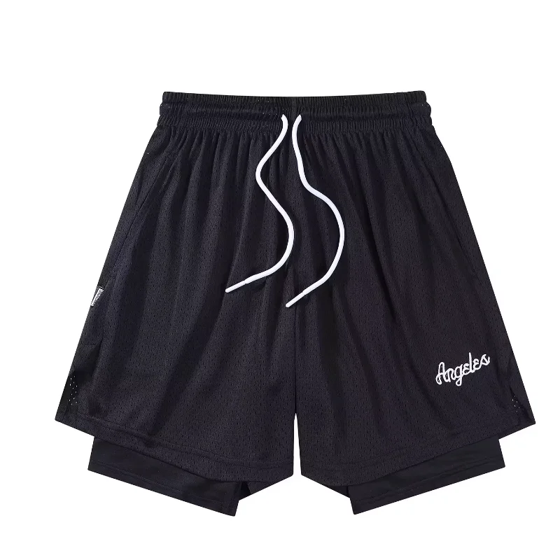 

Американские ретро баскетбольные брюки, мужские повседневные свободные сетчатые спортивные брюки, но до колена, тренировочные штаны для фитнеса, поддельные две штуки