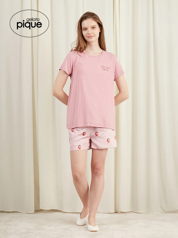 Room Wear Gelato Pique 2023 Spring New Women's Pajamas Strawberry T-shirt Pajama Pants Home Wear Modal Spandex