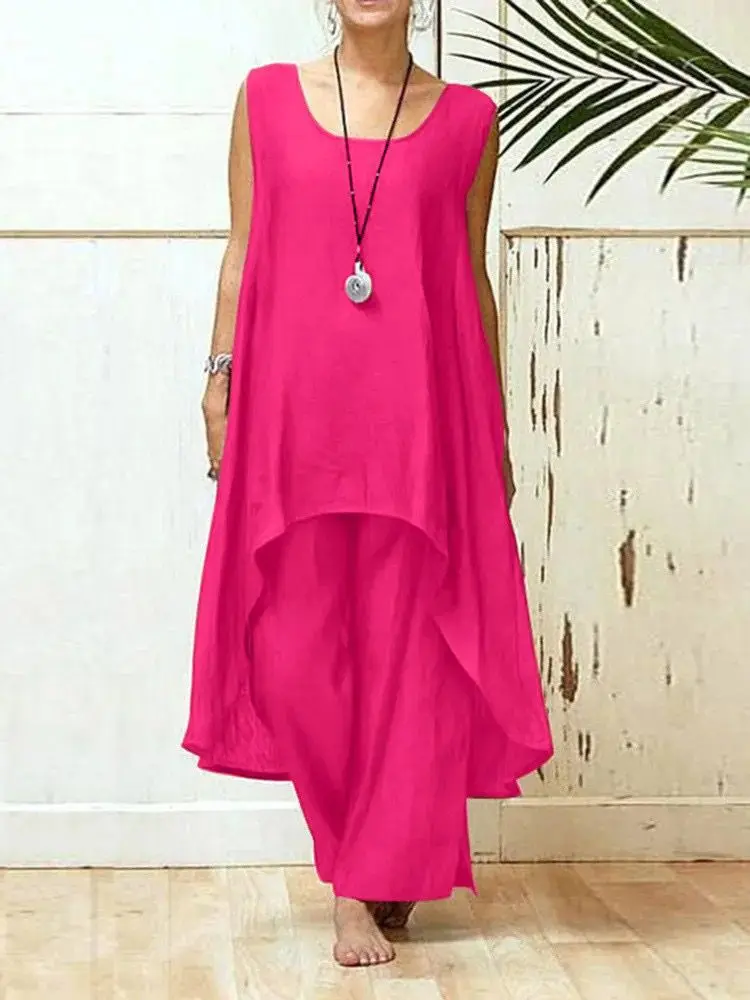 

Women's Trouser Suit Summer Cotton Linen Fashion Casual Irregular Sleeveless Top and Wide-legged Pants Set