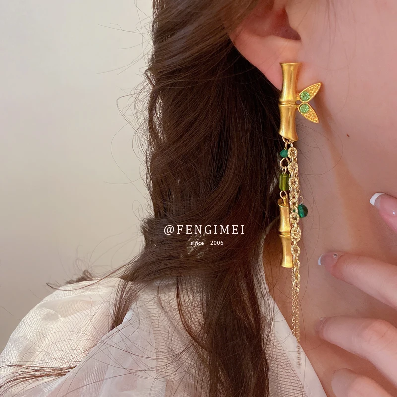 

925 Silver Needle Crystal zironia Bamboo Tassel Stud Earrings vintage eardrop for women long style gold color Metal shing