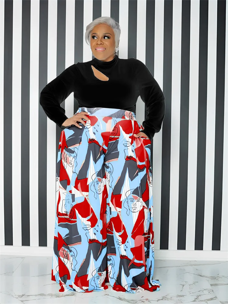 Plus Size 2 Piece Outfits Women Crop Top Pants Sets Printed Wide Leg Matching Casual New Tracksuit Who 3xl 4xl 5xl 6xl