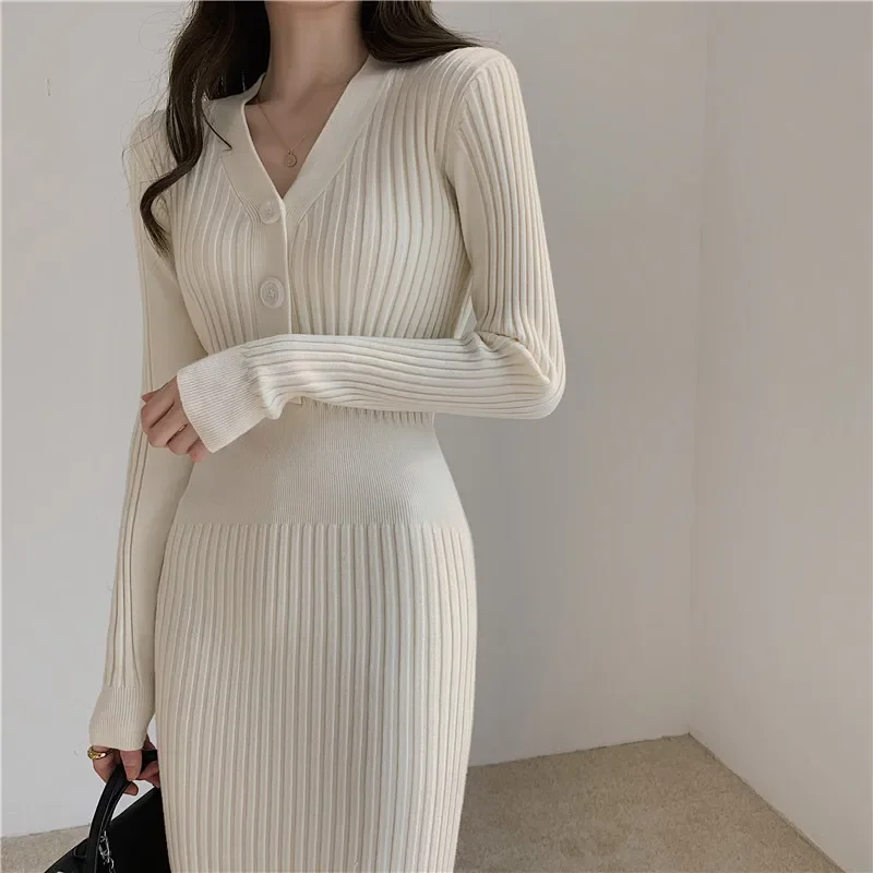 

Women Vintage Knitted Sweater Long Sleeve Dresses Slim Bodycon Korean Elegant Fall Winter Button V Neck Sweater Midi Woman Dress