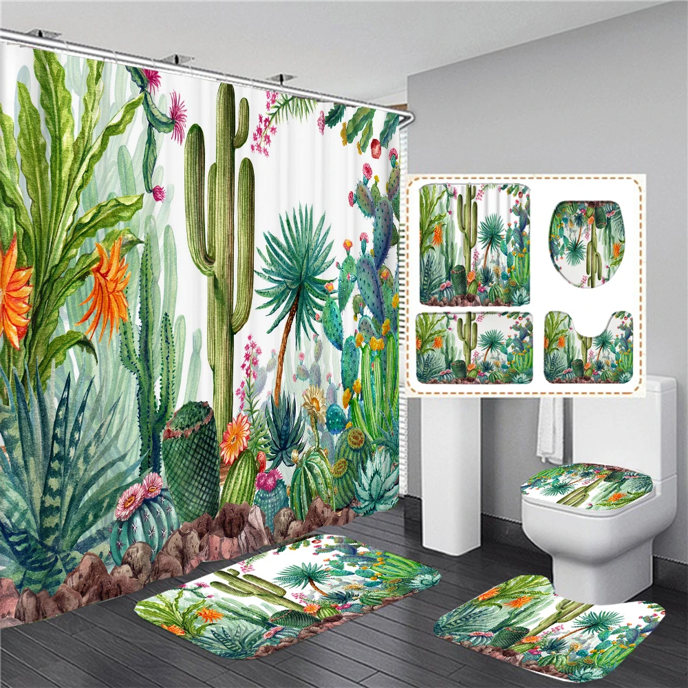 

Tropical Plant Leaves Cactus 3d Shower Curtain Bathroom Curtains Pedestal Carpet Toilet Cover Lid Non-slip Rug Bath Mat Set