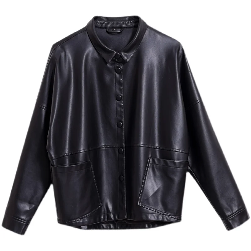 KoHuiJoo  Leather jacket Women 2022 Spring Autumn New Mother Fashion Loose Outerwear Long Sleeve Pocket Design Women's Coat Red