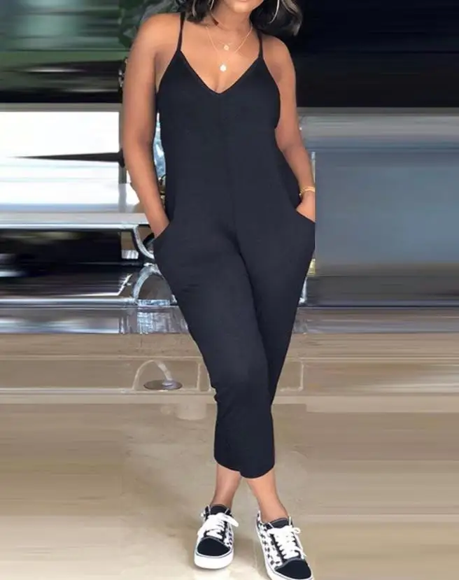 

New Jumpsuits Woman Long 2023 Summer Elegant V-Neck Cropped Pocket Design Spaghetti Strap Jumpsuit New Fashion Casual Streetwaer