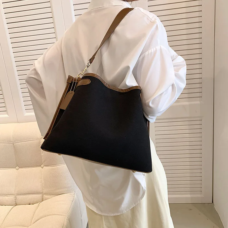 Women's Fashion Contrast Color Single -shoulder Messenger Bags Large Capacity Canvas Commuter Tote Handbag Casual Crossbody Bag