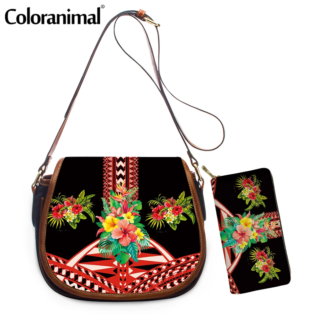 

Coloranimal Luxury Brand Ladies Leather Shoulder Bag Tropical Plumeria and Hibiscus Polynesian Saddle Bag Tribal Design Tote Bag