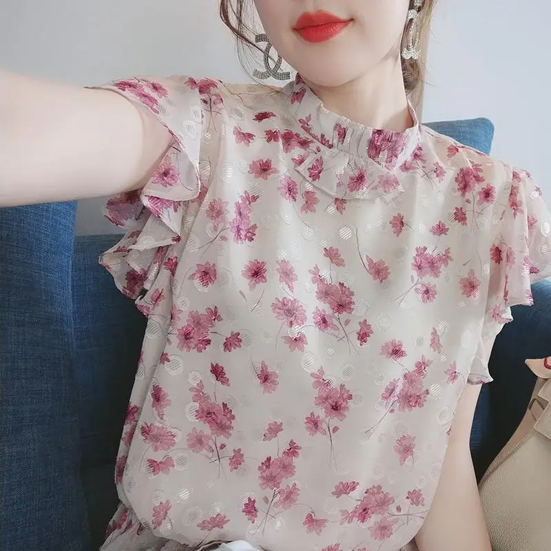 

Blouse female flower Flying sleeve 2022 summer new chiffon shirt wild casual o neck small printed blouse female clothing tops
