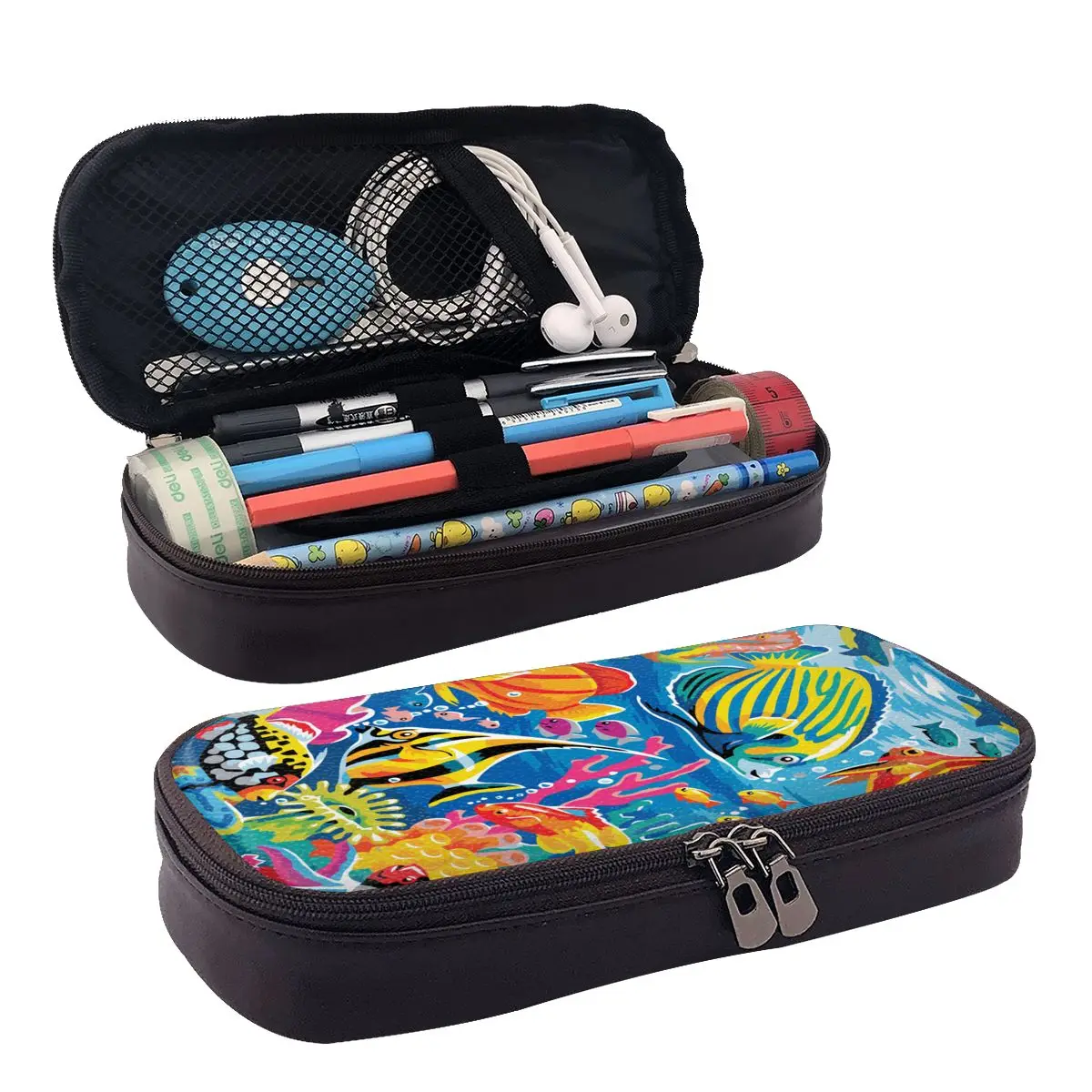 

Colorful Underwater Fish Leather Pencil Case Zipper Pencil Box Stationery Pen Pouch for Boys Girls School Students Work Office