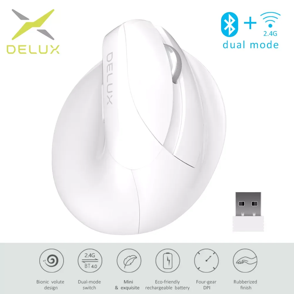 

Delux M618 Mini Wireless White Mouse BT 4.0+2.4GHz Dual mode Ergonomic Rechargeable Silent click Vertical Mice For PC