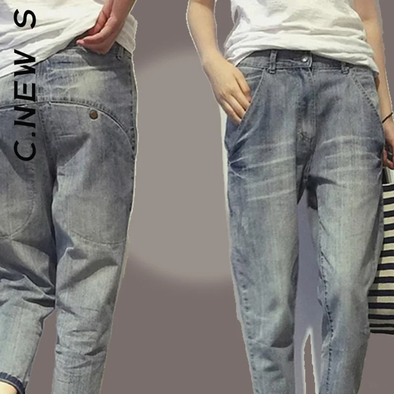 

C.New S Korean Style Women's Jeans Spring Loose Office Ladies Streetwear Light Blue Elastic Bleach Scratch Denim Pants