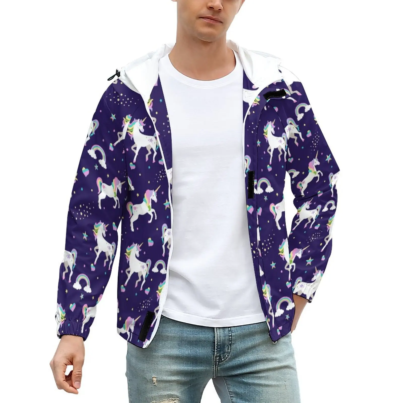 

Куртка мужская оверсайз на молнии, Повседневная ветровка с рисунком единорога и звезд, фиолетовая Радужная, Классическая верхняя одежда, ос...