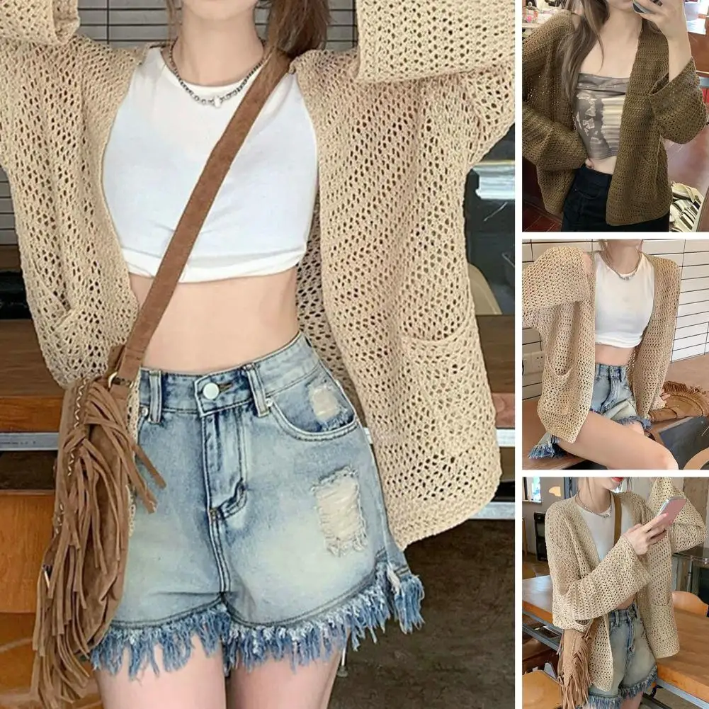 

Women Cardigan Knitted Long Bat Sleeves Hollow Out Shawl Tops Loose Patch Pockets Solid Color Sun Protection Sweater Coat Jacket