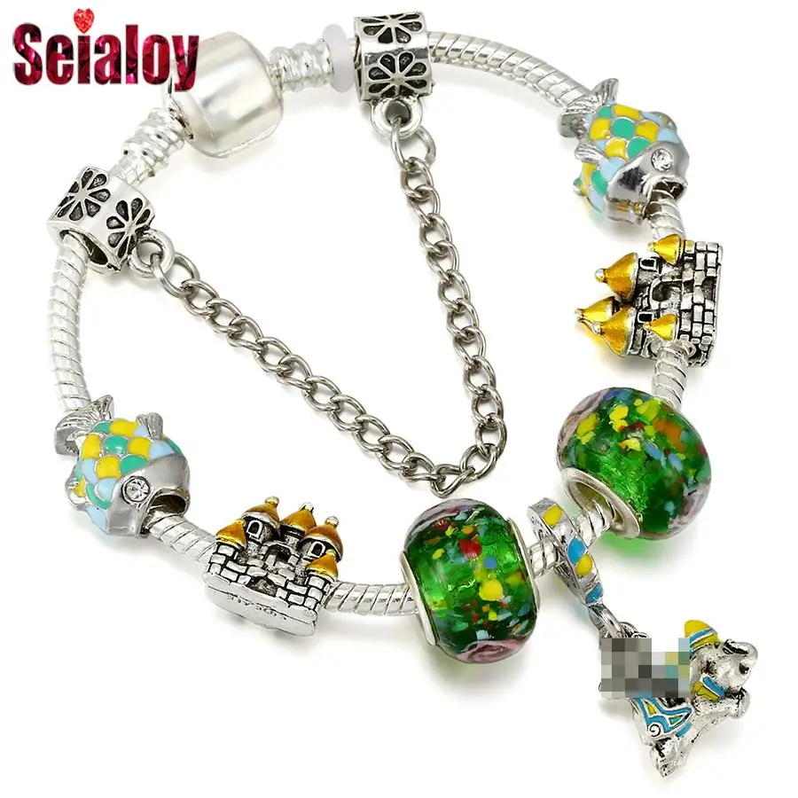 Seialoy новый замок и слон браслеты-подвески для женщин DIY зеленые стеклянные бусины