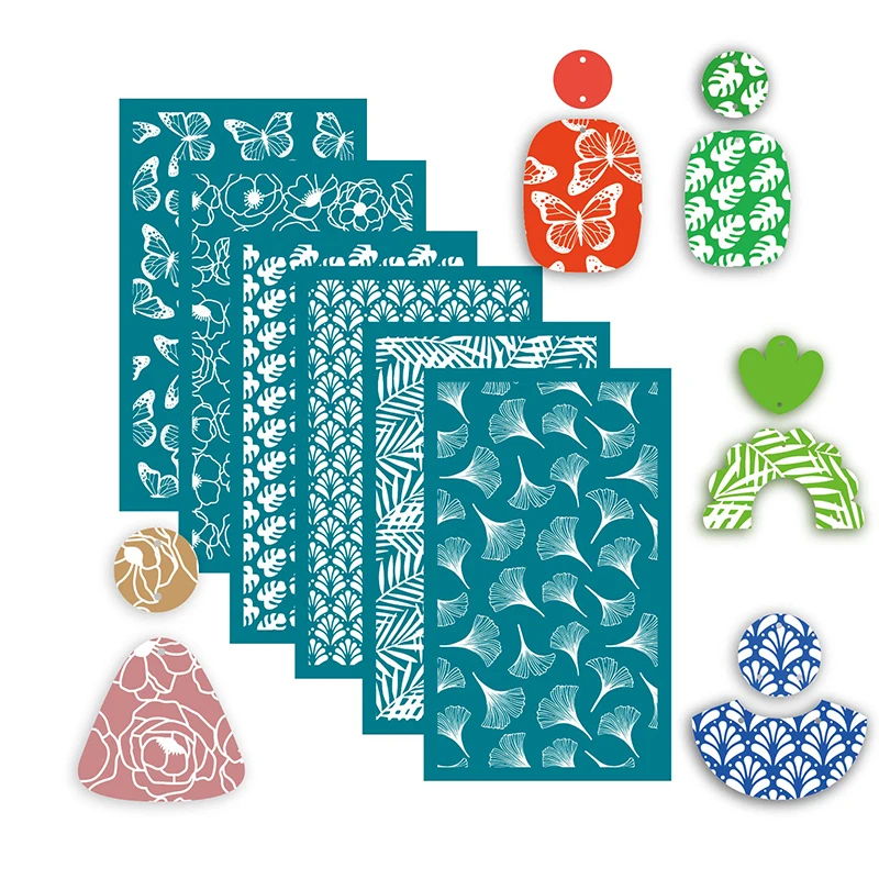 

18 Styles Self-Adhesive Silk Screen Stencils for Polymer Clay Palm Leaves Reusable Mesh Transfer Printing Earring Jewelry Making