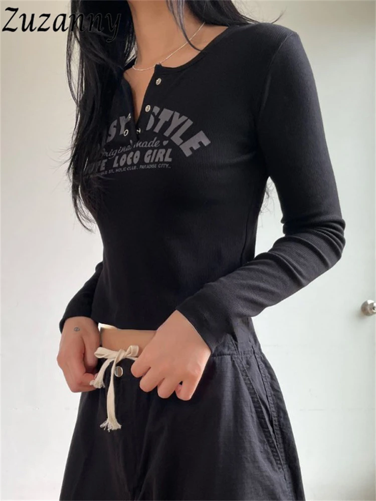 

Женская рубашка с длинным рукавом Zuzanny, с буквенным принтом, укороченный топ на пуговицах с круглым вырезом, осень 2022, Женская облегающая ули...