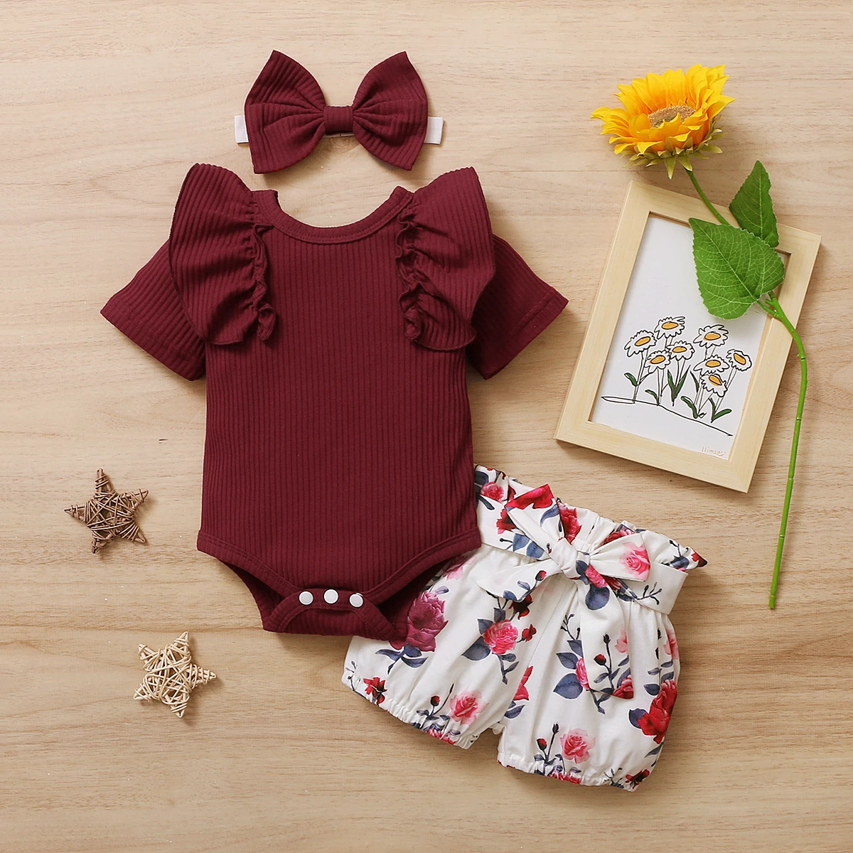 

3Pcs Set Baby Girls Newborn Summer Clothes New Born Ruffle Romper Floral Shorts Bow Headband Toddler Outfit Baby Girls Clothing
