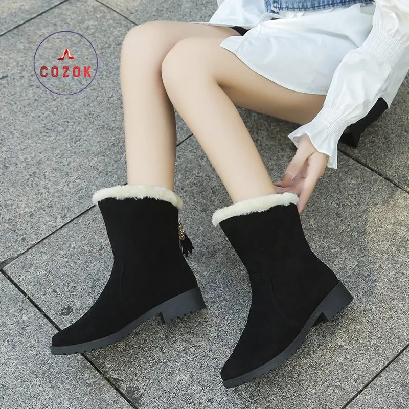 

Winter Fashion Casual Round Toe Short Ankle Boots Flock Keep Warm Heel Low Shoes Sexy Ladies Suede Plush Insole Snow Boots Women