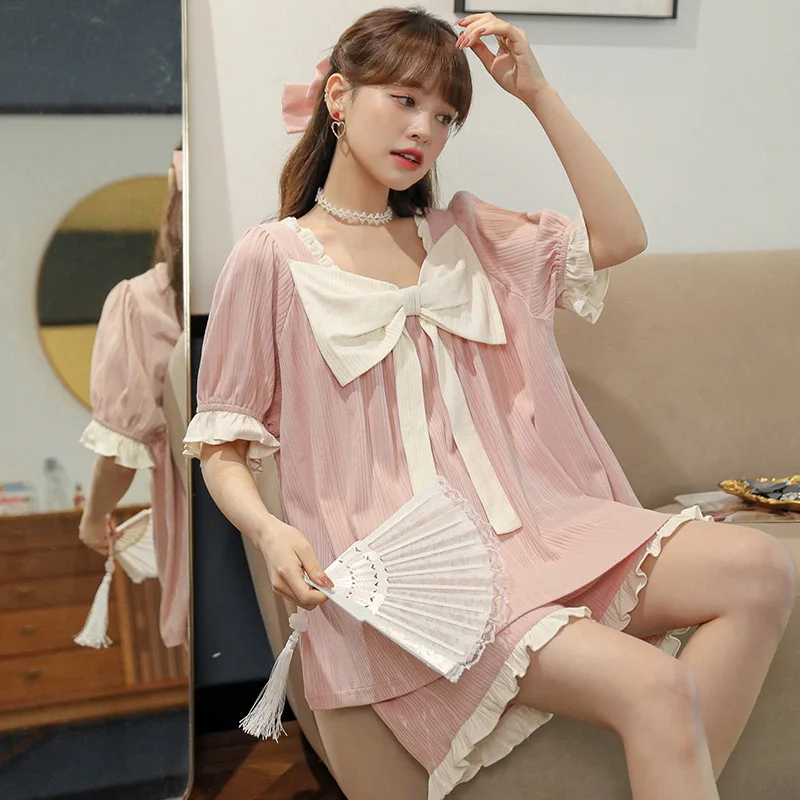 

Summer Women Pyjama Sets 2PCS Summer Retro Court Style Girls Pijama Sleepwear Femme Homewear Col Claudine Ladies Loose Pajama