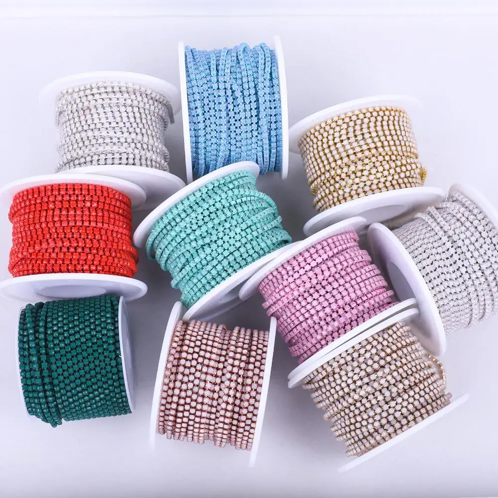 

SS6 2mm 1 yard Pink /Green/Blue Opal Glass Rhinestone Cup Chain Glitter Crystal Rhinestone Trim For DIY Wedding Dress Decoration