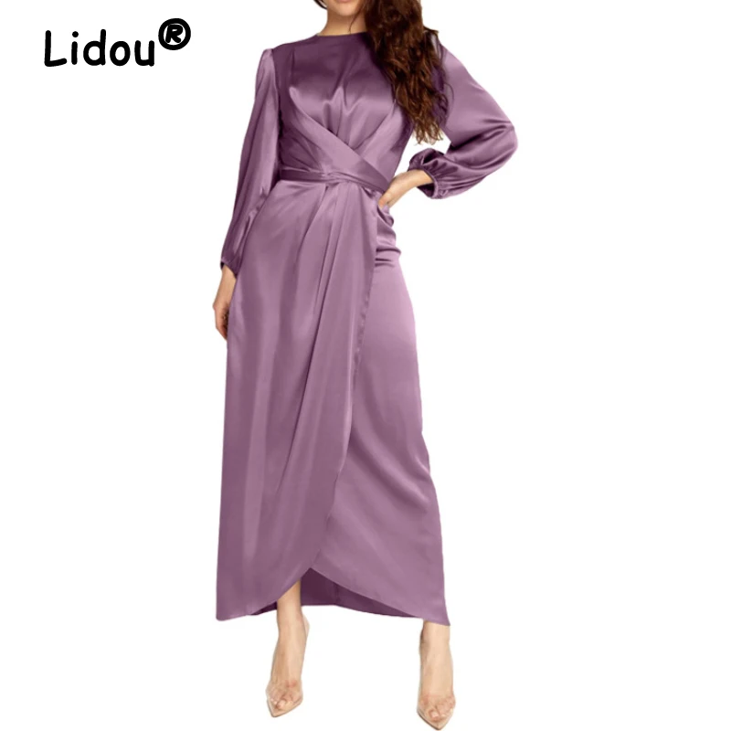 

2022 New Arabian Fashion Dress Modest Solid Color Satin African Dresses for Women Elegant Women's Dress Muslim Woman Dress