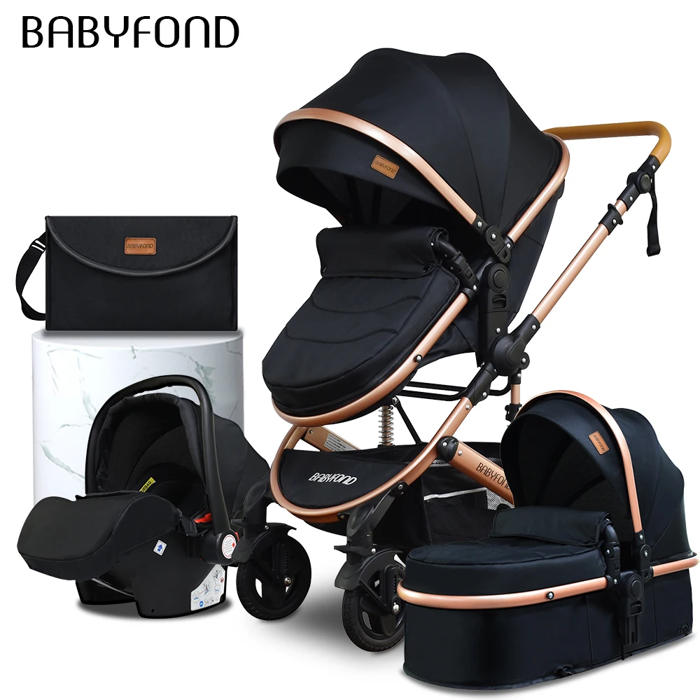 Babyfond Luxury 4 in 1 Baby Stroller High Landscape Travel Light Newborn Pram Folding Two-way Shock-absorbing Child Car Send Bag