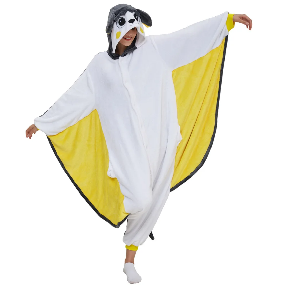 Winter Women Unisex Adult Kigurumi Flying Squirrel Onesies Animal Pajamas Flannel Nightie Sleepwear Halloween One-piece Jumpsuit