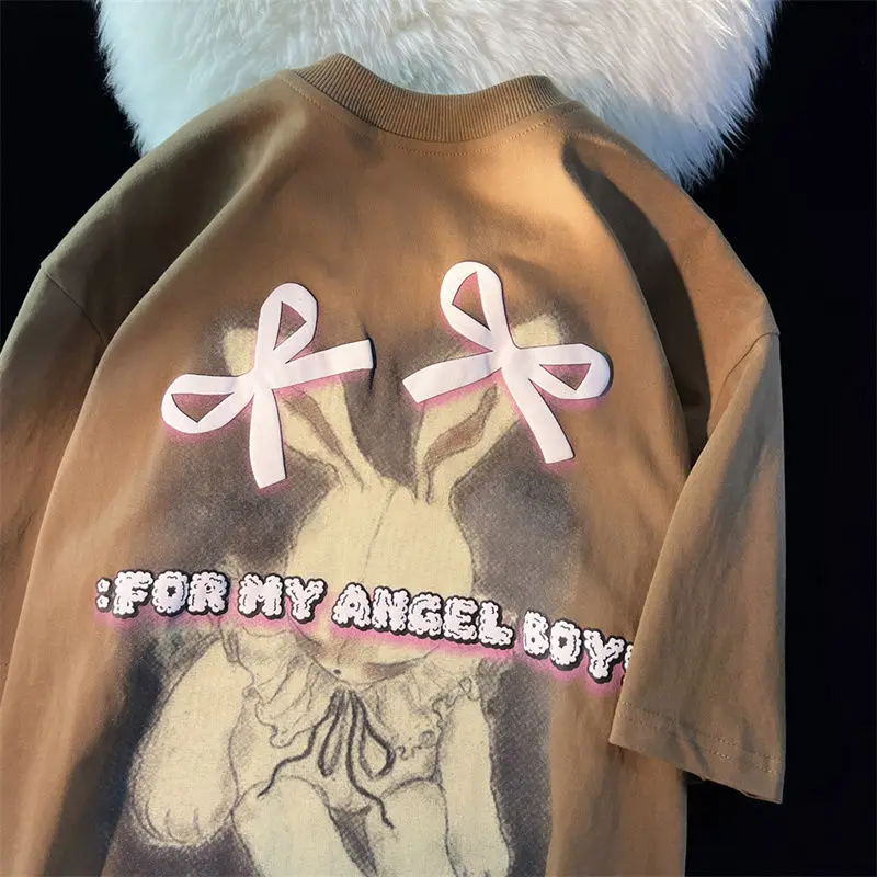 

Cotton Japanese Vintage Bow Rabbit Short-sleeved T-shirt Men's Loose All-match Ins Harajuku Style Half-sleeved Y2k Top Shirts