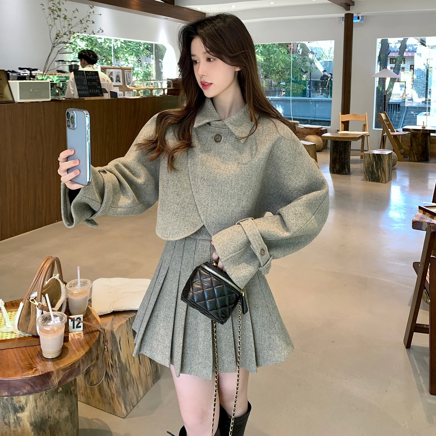 

~ Корейский стиль, высококачественное шерстяное пальто, женская плиссированная юбка, комплект из двух предметов, маленький аромат, костюм в ...