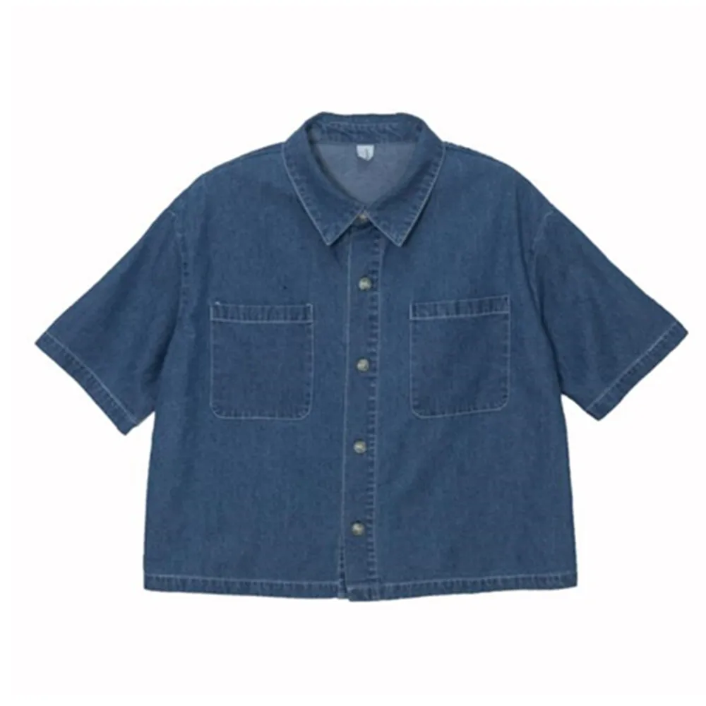 

Женская Джинсовая блузка на пуговицах, с коротким рукавом и карманами