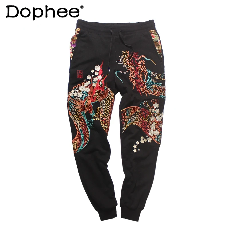 

Spring Autumn Black Cotton Pants for Women Men's Originally Chinese Embroidered Pants Yokosuka Sportpants Lose Trousers