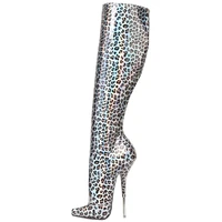 18cm super high heel women sexy leopard print metal thin heels pointed toe ladies sexy fetish knee high boots big size 36 46
