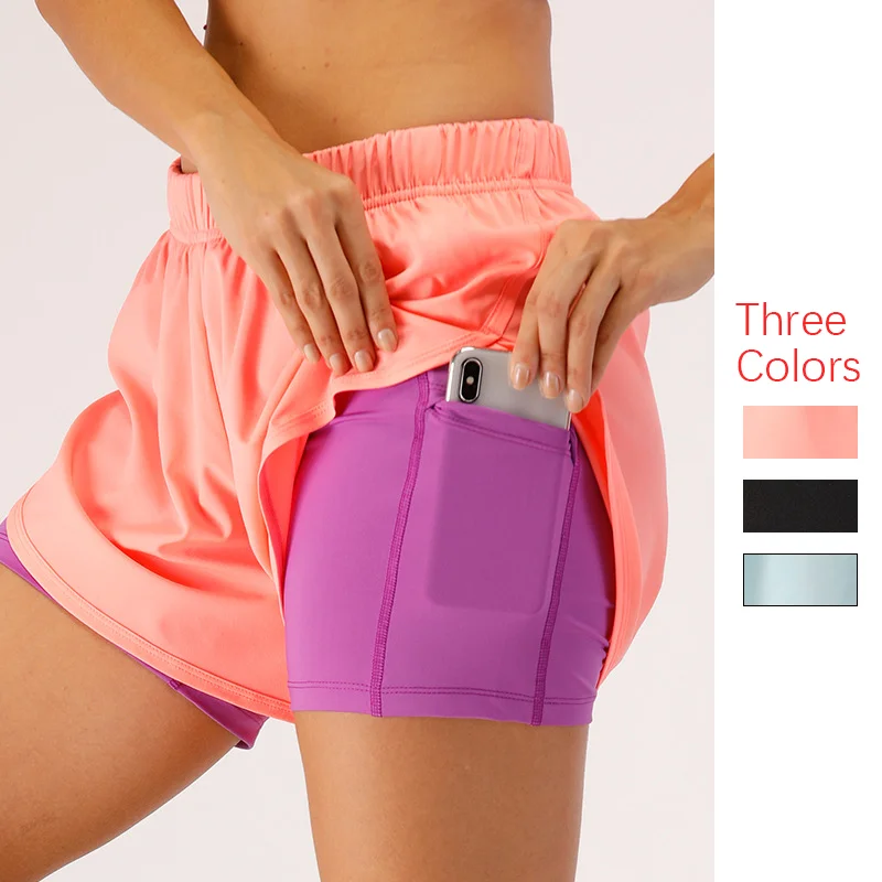 Women Workout 2 In 1 Shorts Summer Spandex Quick Dry Sport Yoga Fitness Gym Running Shorts with Pockets for Women Sport Pants