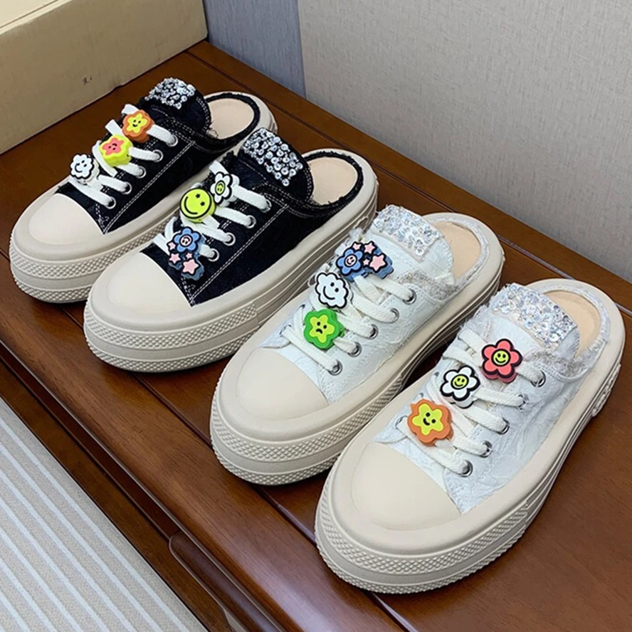 

Увядшие модные летние парусиновые кроссовки, повседневная обувь для женщин, Тапочки, блогеры, смайлики, мультяшная обувь для женщин