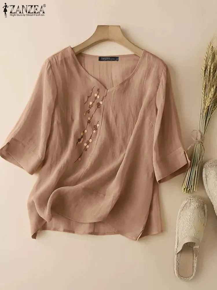 

ZANZEA Vintage Floral Embroidery Shirt Summer Women V Neck 3/4 Sleeve Blouse Casual Solid Loose Tops Female Party Tunic Blusas