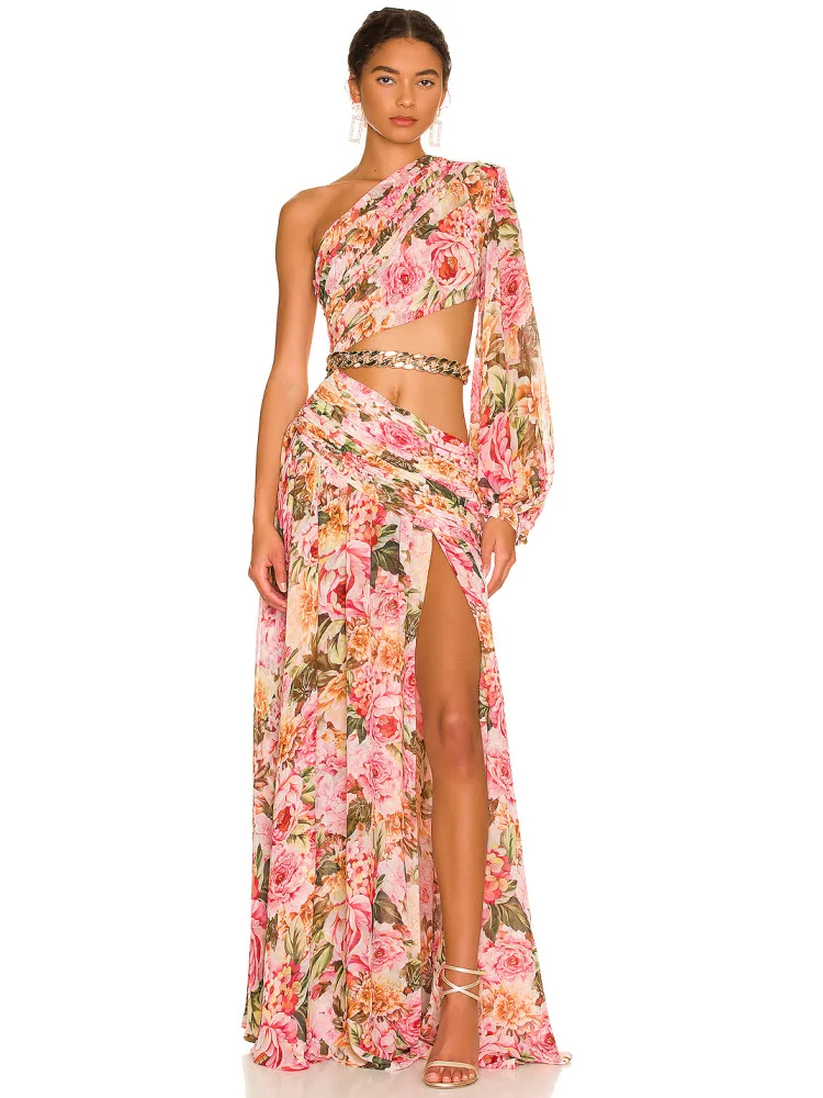 High Quality Women Sping Summer Floral Dress Single Long Sleeve Cut Out Gold Chain Open Leg Maxi Long A Line Party Gowns