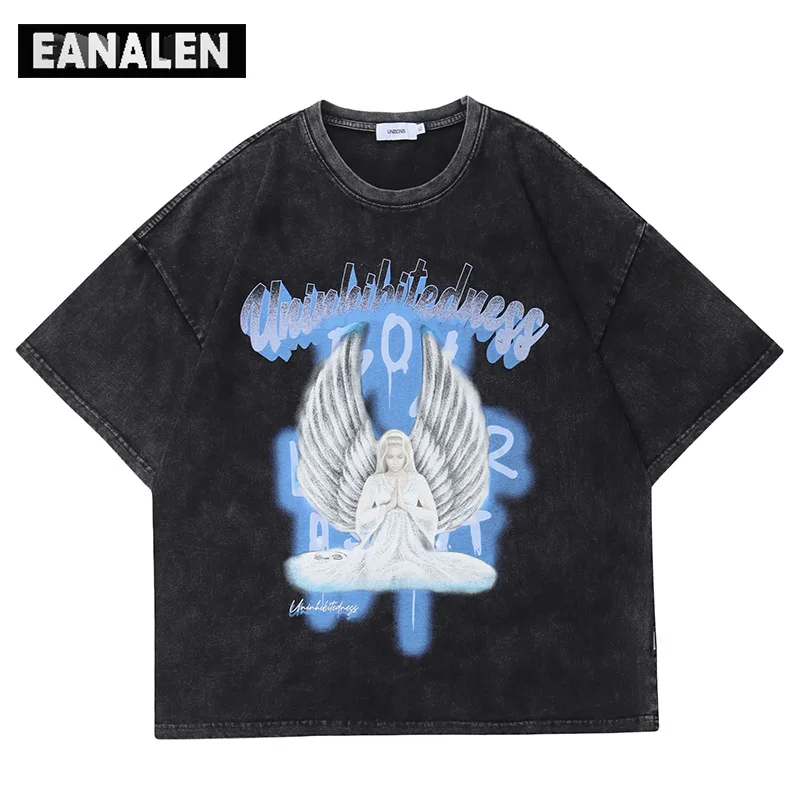 

Harajuku Retro Woo Praying Angel Graphic Oversized Short Sleeve T-Shirt Men's Goth Rock Punk Streetwear Pop T-Shirt Women Grunge