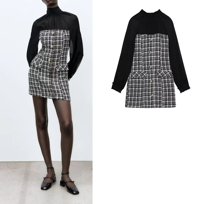 

Autumn and Winter 2022 New Mosaic Translucent Texture Mosaic Fabric Dress Small Fragrant Texture Stand Neck Slim Slim Dress