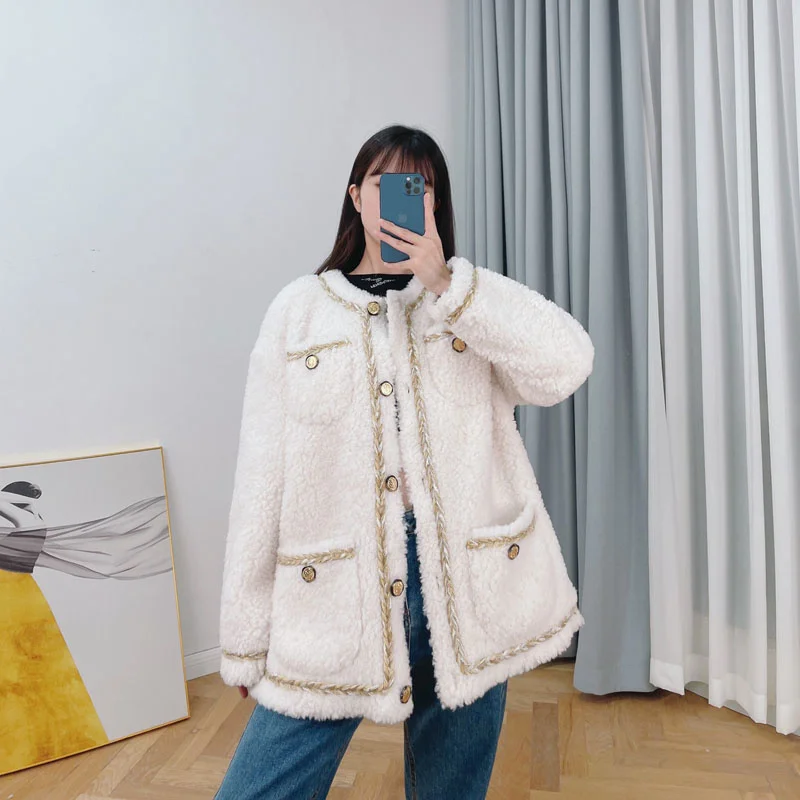 

Winter New Coat Fashion Women 2023 Regular Length Real Sheep Wool Jacket O-Neck Collar Single-Breasted Thick Warm