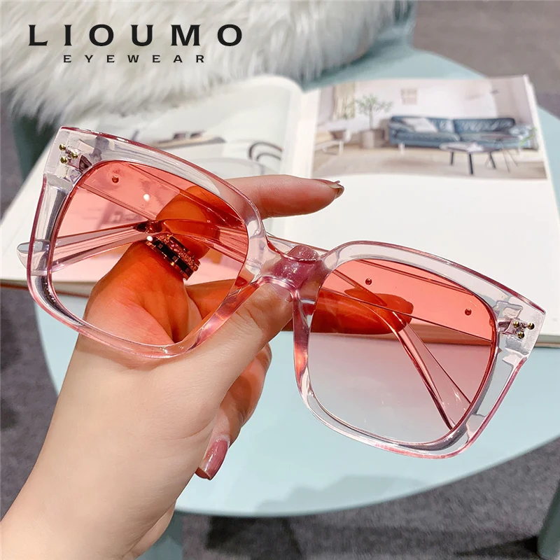 

LIOUMO Oversized Square Sunglasses Women Rivet Design Frame Men Driving Goggles Anti-Glare Gradient Tea Glasses gafas de sol