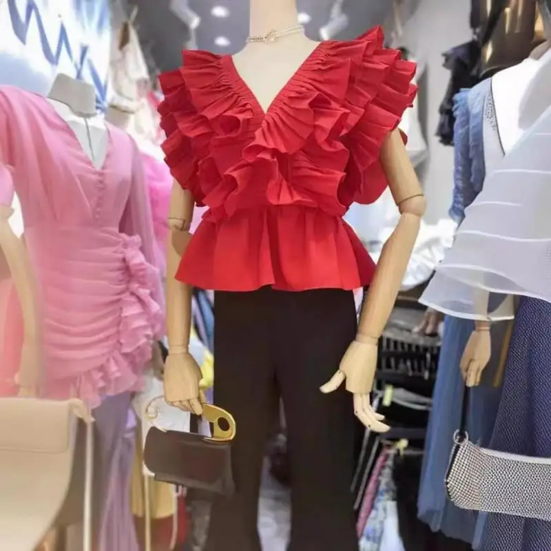 Женская Облегающая рубашка с V-образным вырезом красная плиссированная блузка