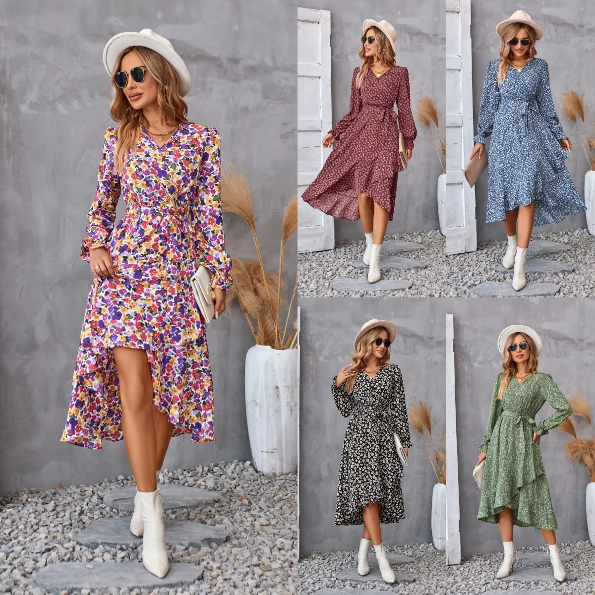 

Europe and the United States new independent station women's commuter temperament print autumn and winter long-sleeved dress
