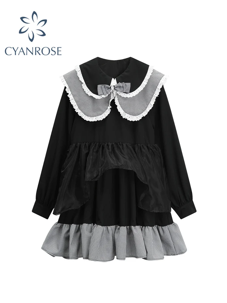 

Long Sleeve Dress Women Autumn Retro Preppy Style Sweet Lace Design Peter Pan Collar Bow Popular Leisure Cozy All-match Dress